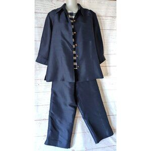 VTG Ralph Lauren 100% Silk Women 3 Piece PantSuit Navy Blue Check Crop Size 12/8